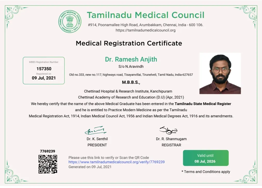 Dr.Ramesh Anjith registered certificate