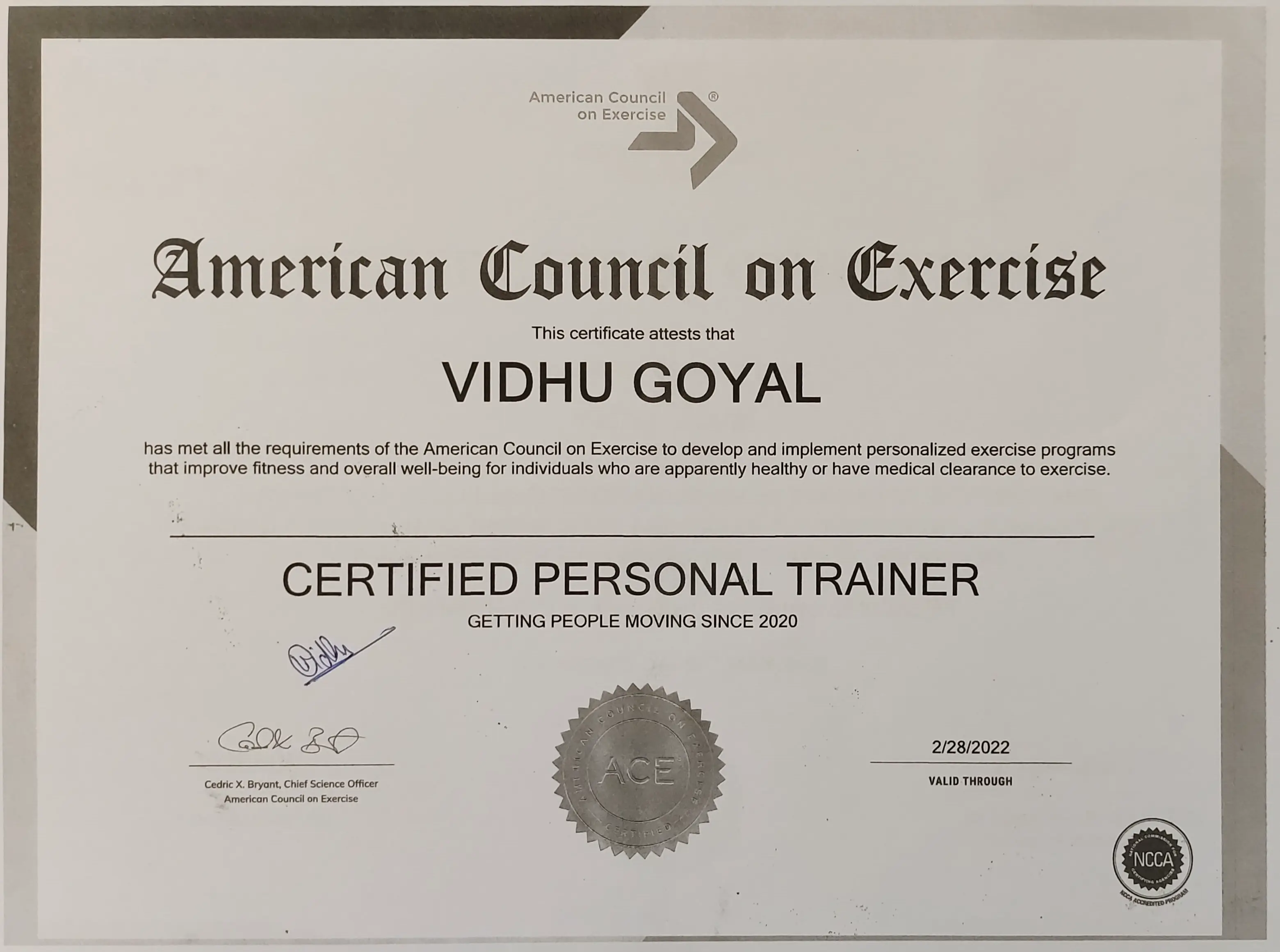 Fitness coach Vidhu goyal ACE certification