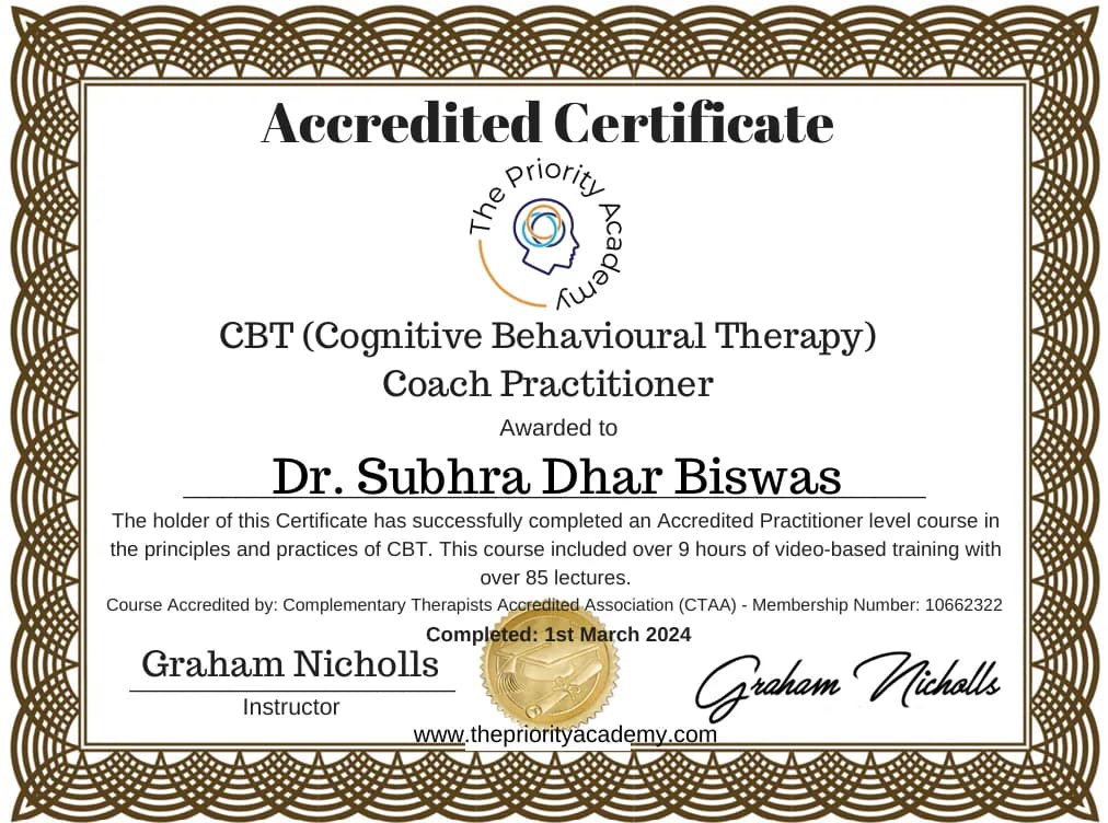 Subhra dhar certified therapist CBT certification