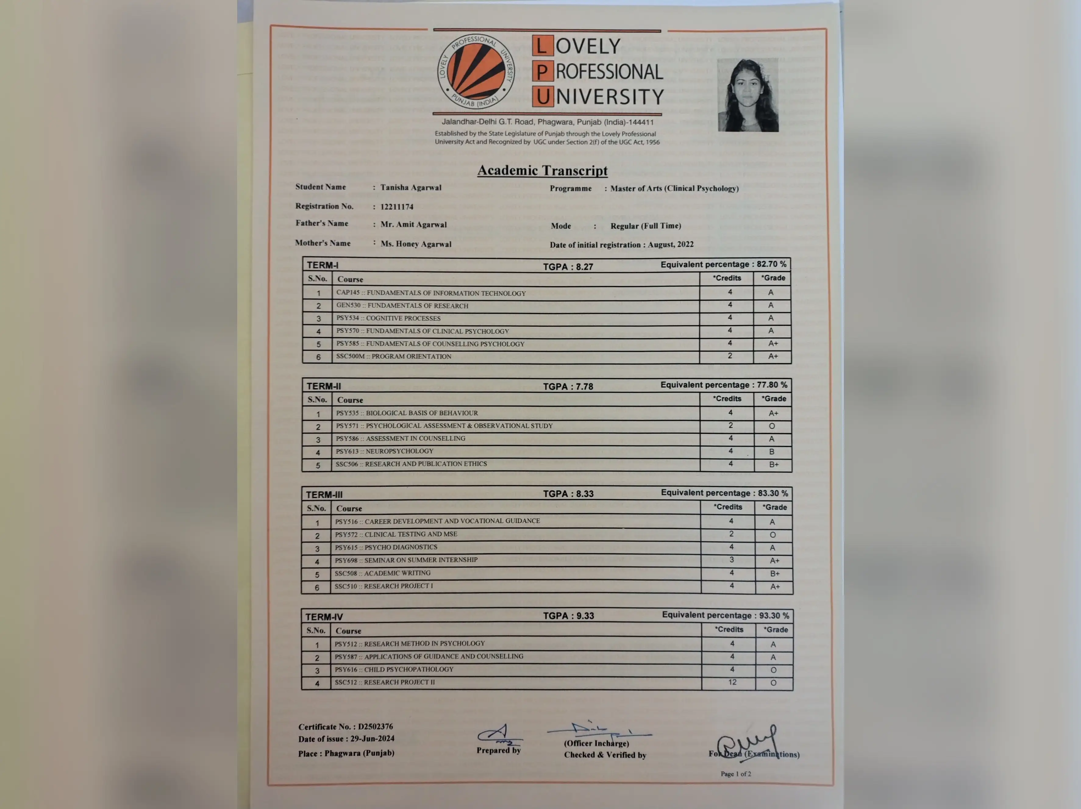 Certified Psycologist tanisha agarwal Certificate