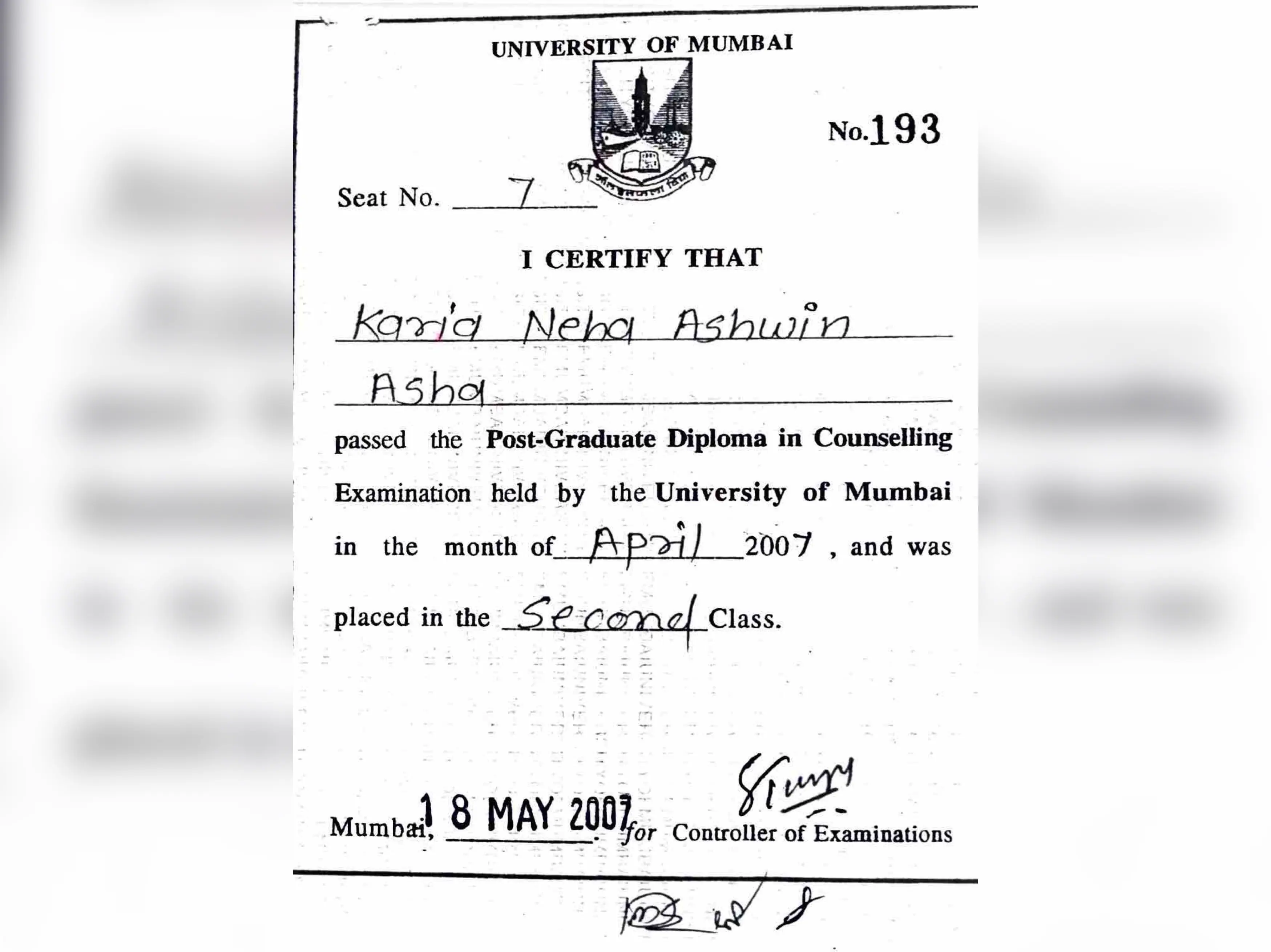 Neha kaira mody PG diploma certification