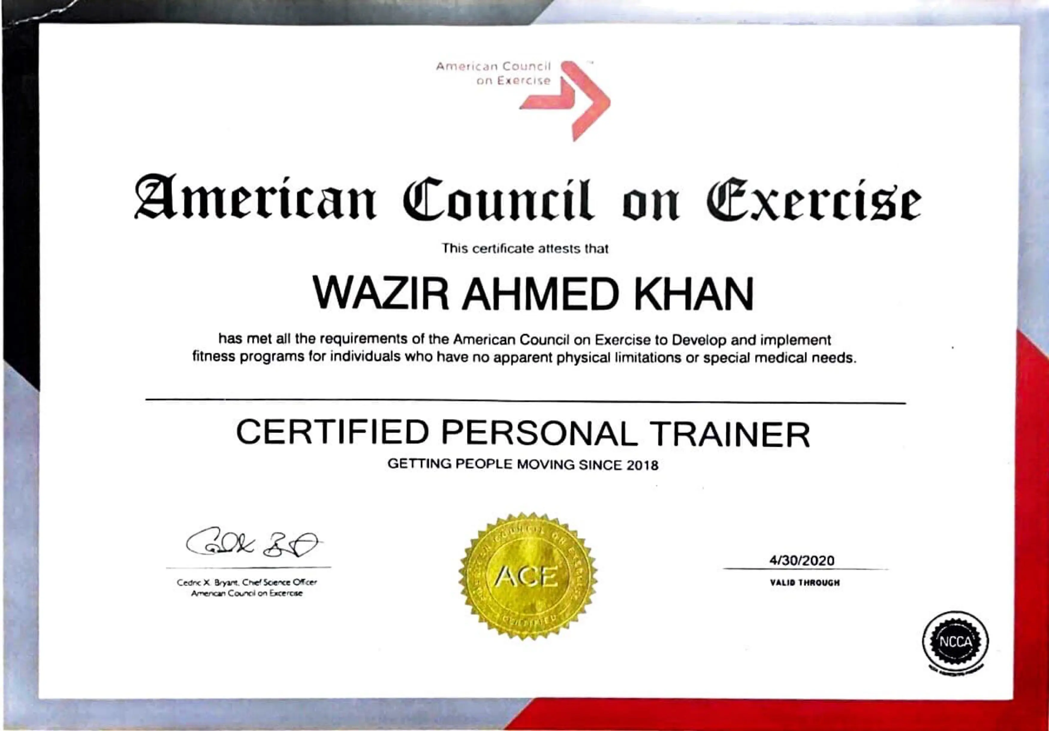 fitness coach wazir ahmed khan ACE fitness certification