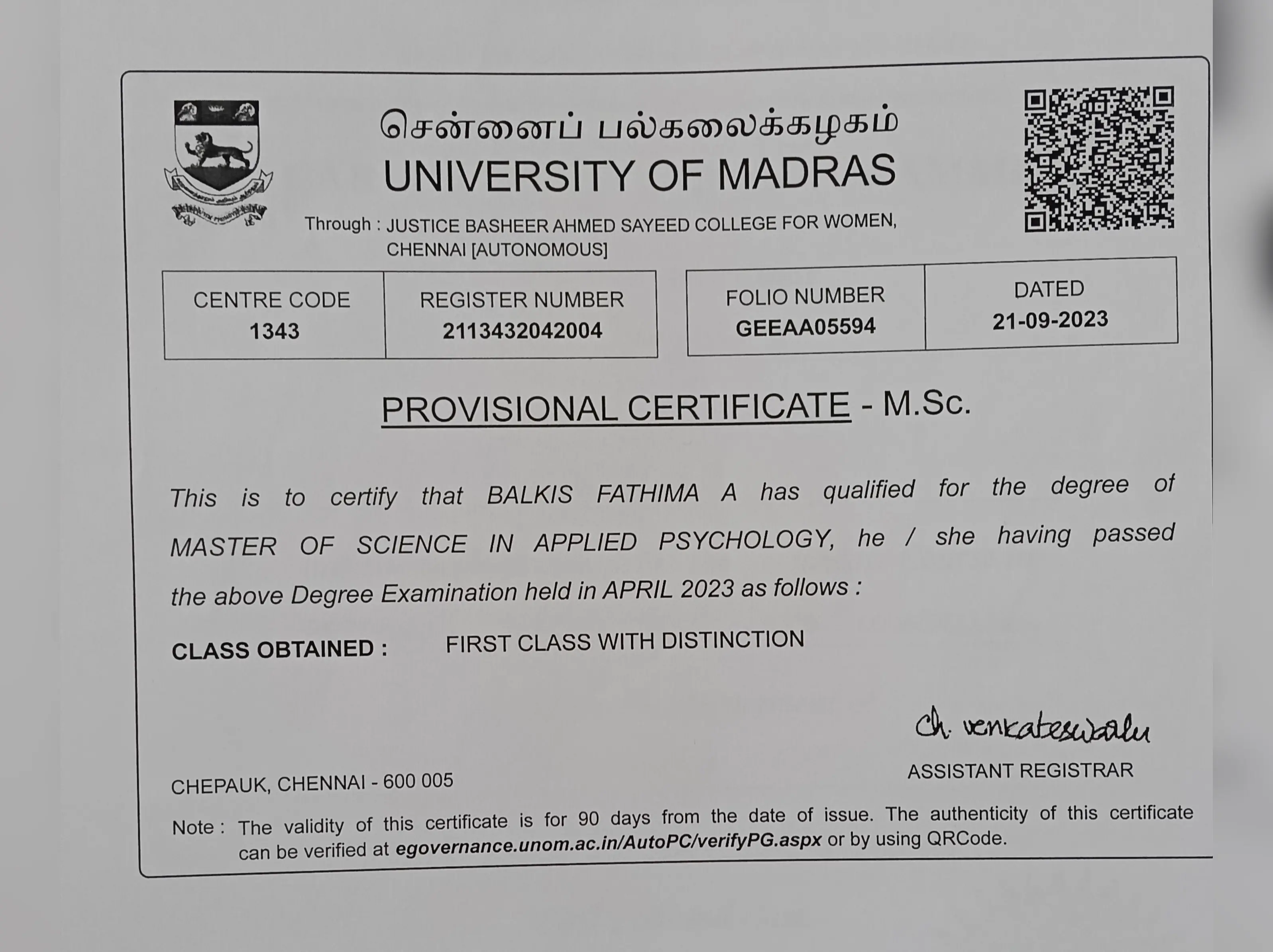 balkis fathima psychology certification