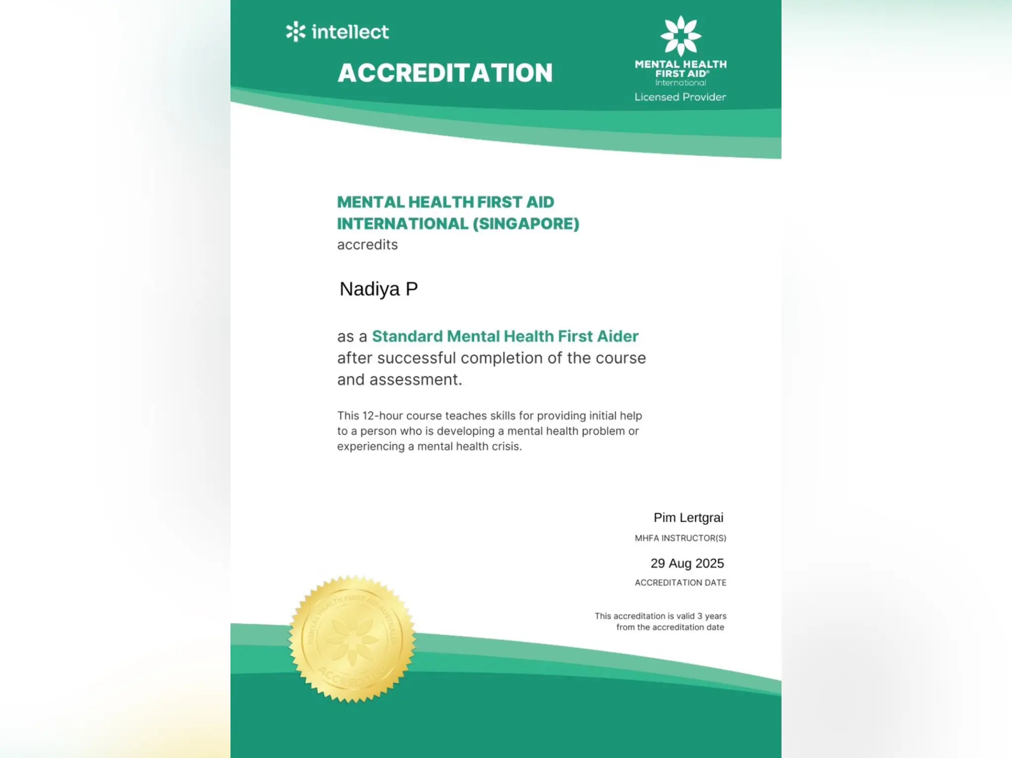 Nadiya standard mental health first aider(Singapore) certification