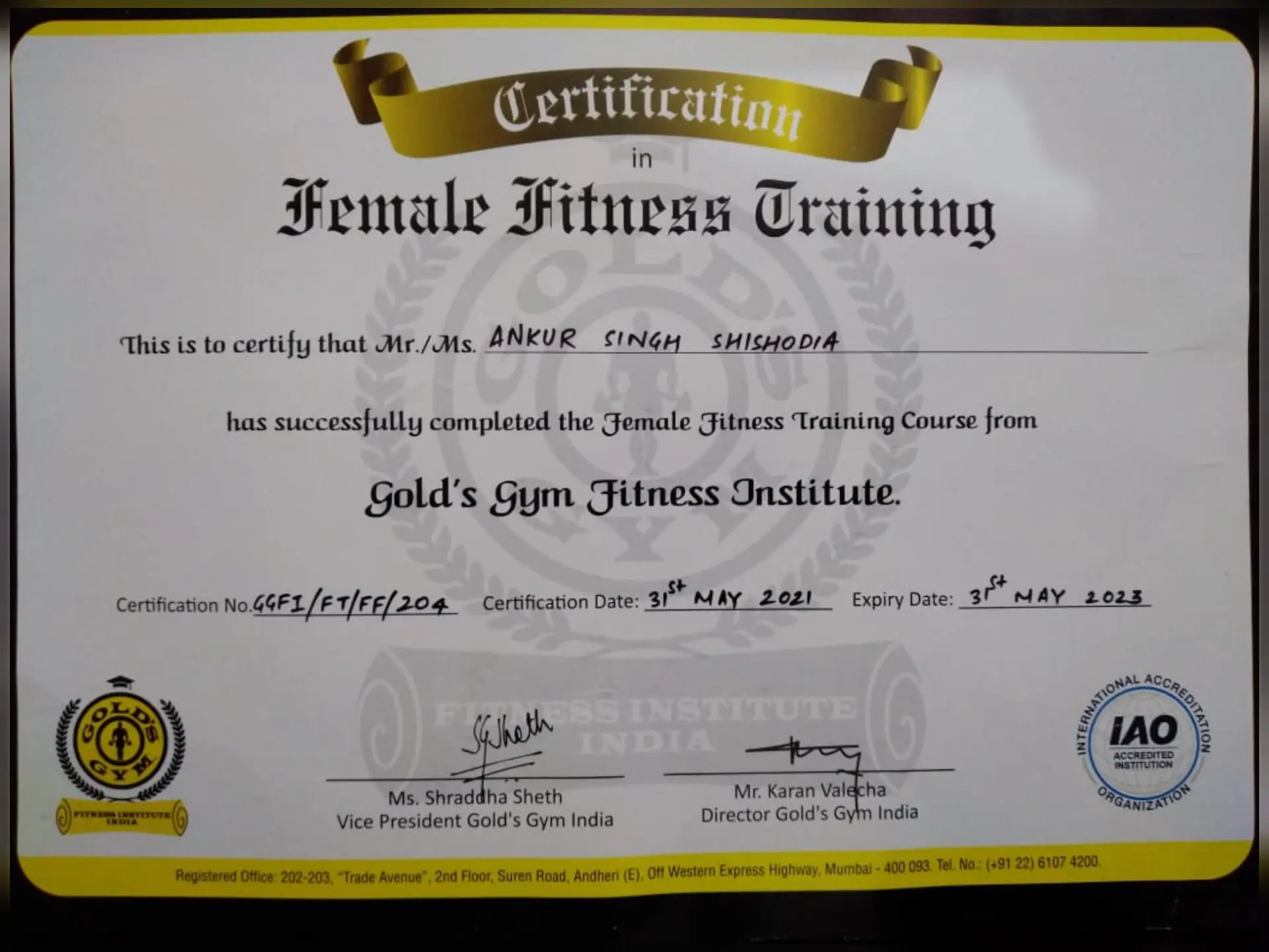 Ankur singh shishodia female fitness trainer certification