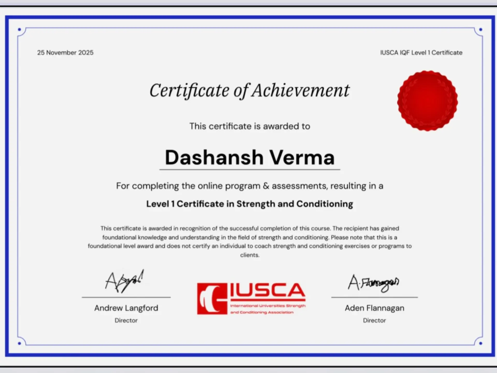 dashansh verma strength and conditioning certification