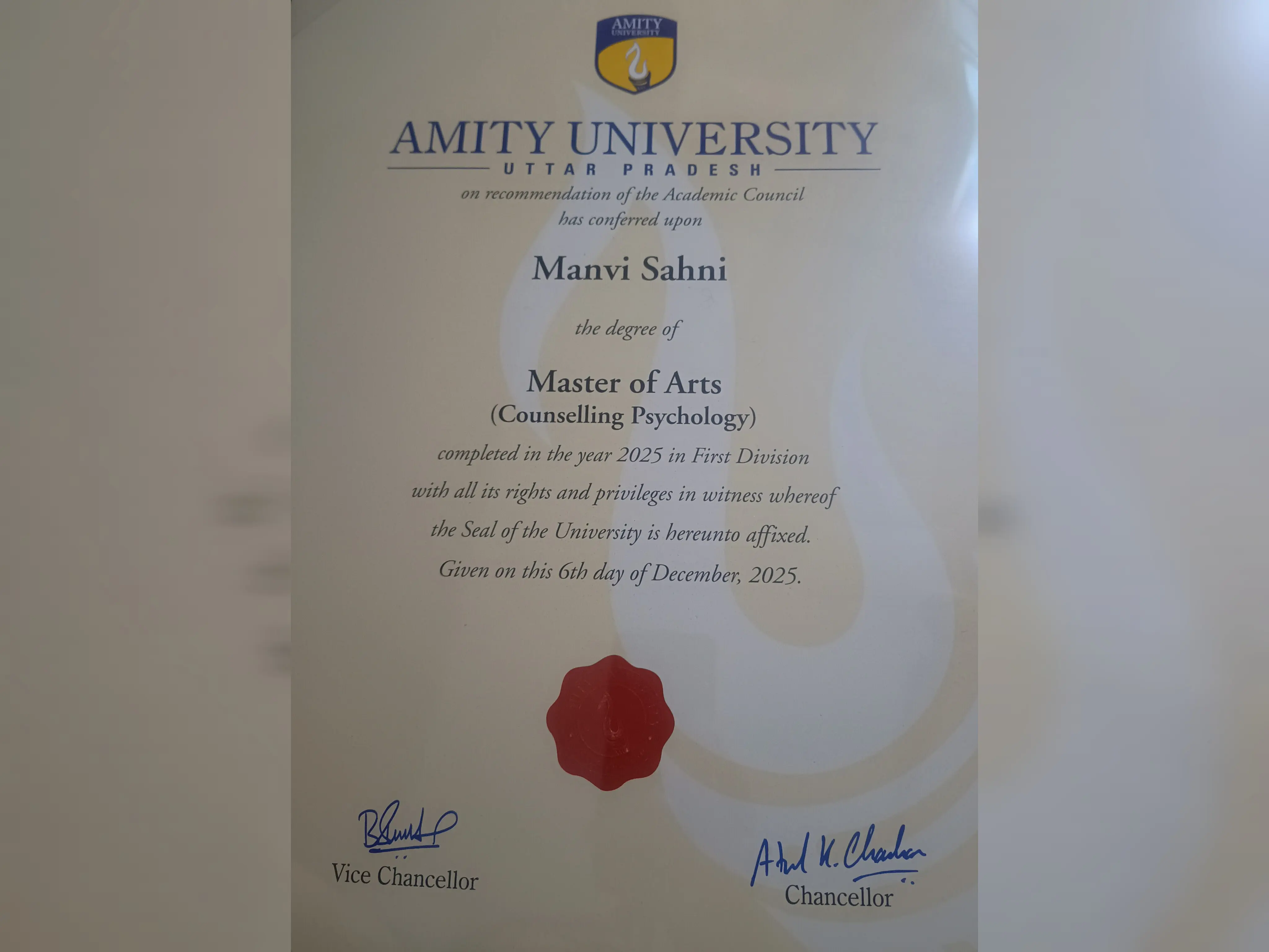 Manvi Sahni - Master's of Arts in Counseling Psychology degree certificate