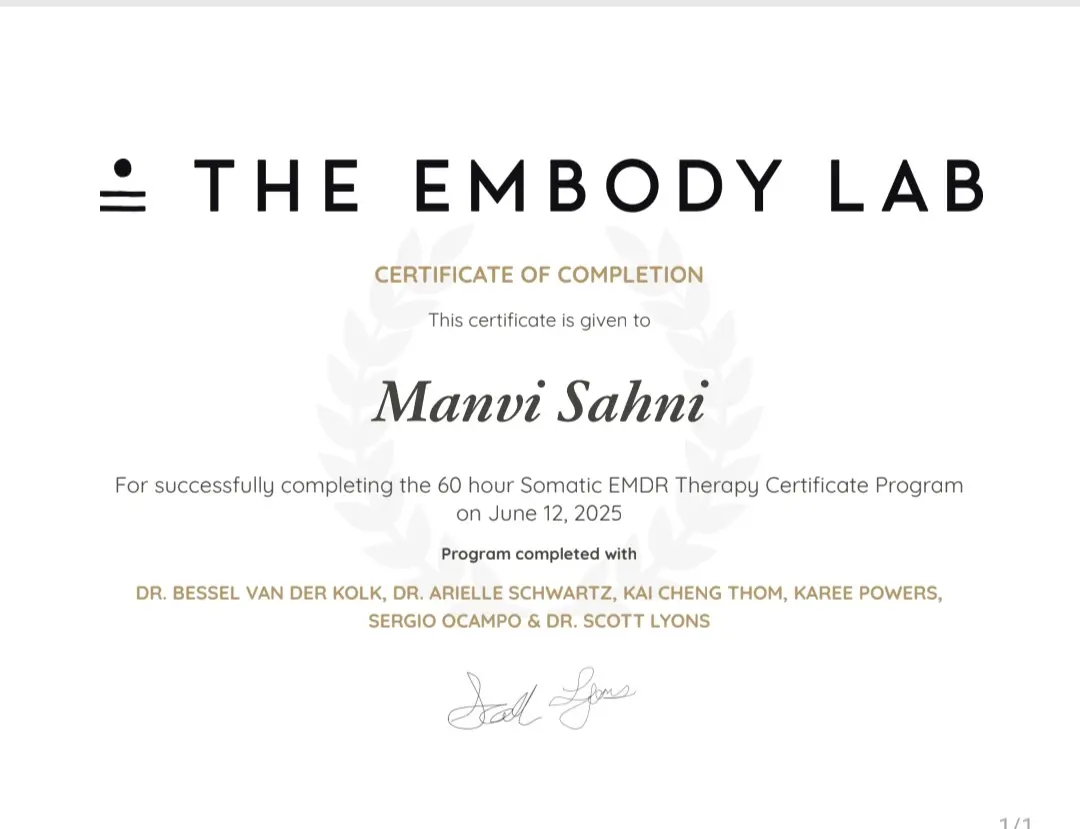 Manvi Sahni - Somatic EMDR therapy certification