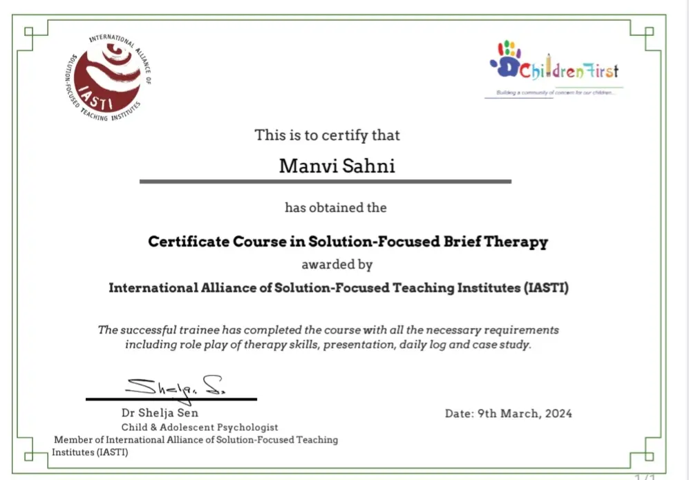 Manvi Sahni - Solution-Focused Brief Therapy certification