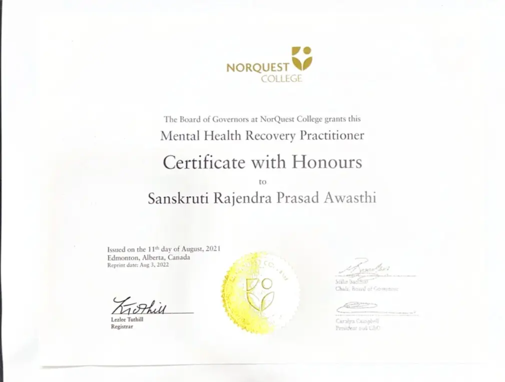 Sanskriti awasthi Certified Therapist - Mental health recovery practitioner certification