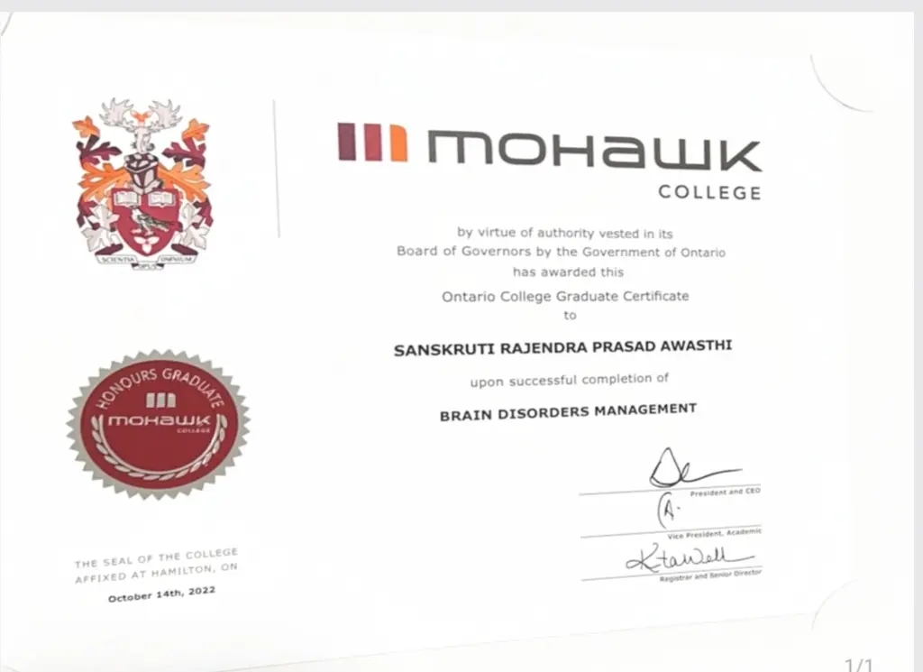 Sanskriti awasthi Certified Therapist - Brain disorder management certification
