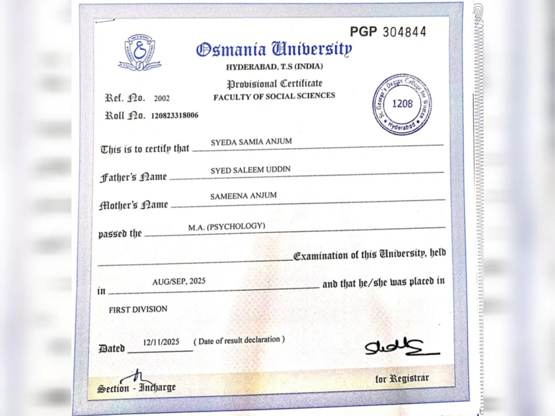 Syeda Samia Anjum masters certificate