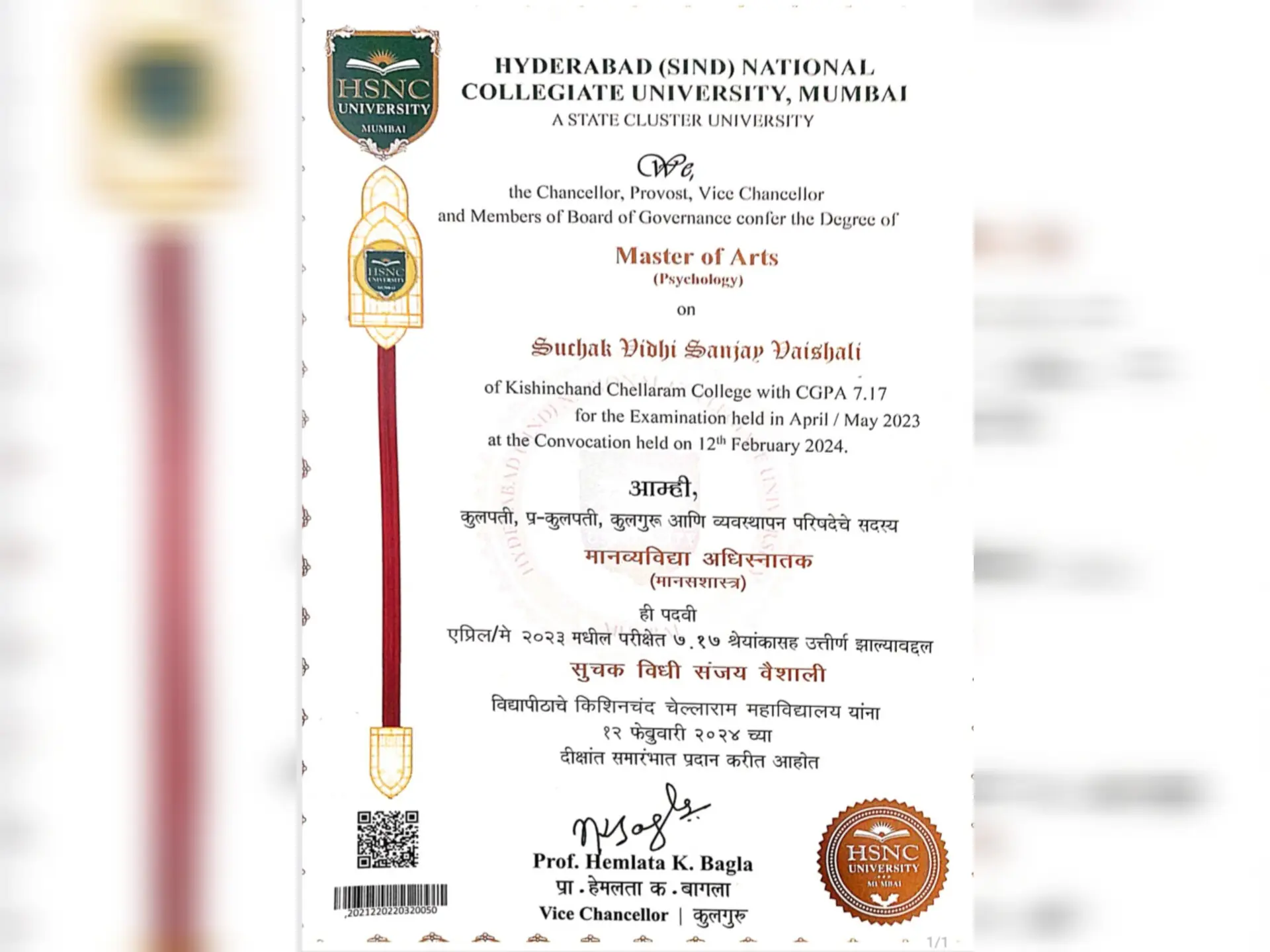 Vidhi suchak masters in psychology certificate