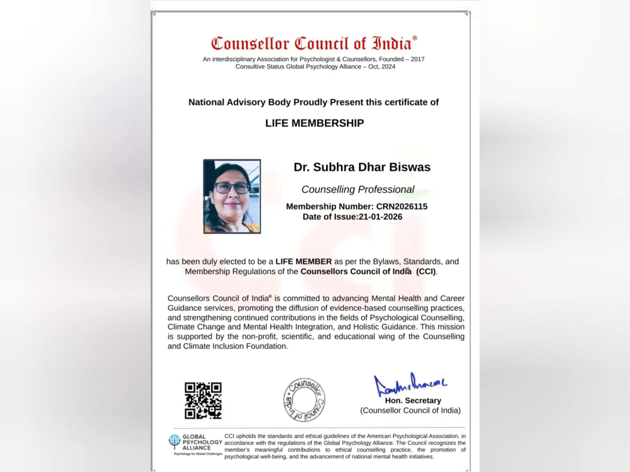 Subhra dhar counsellor council of India certification