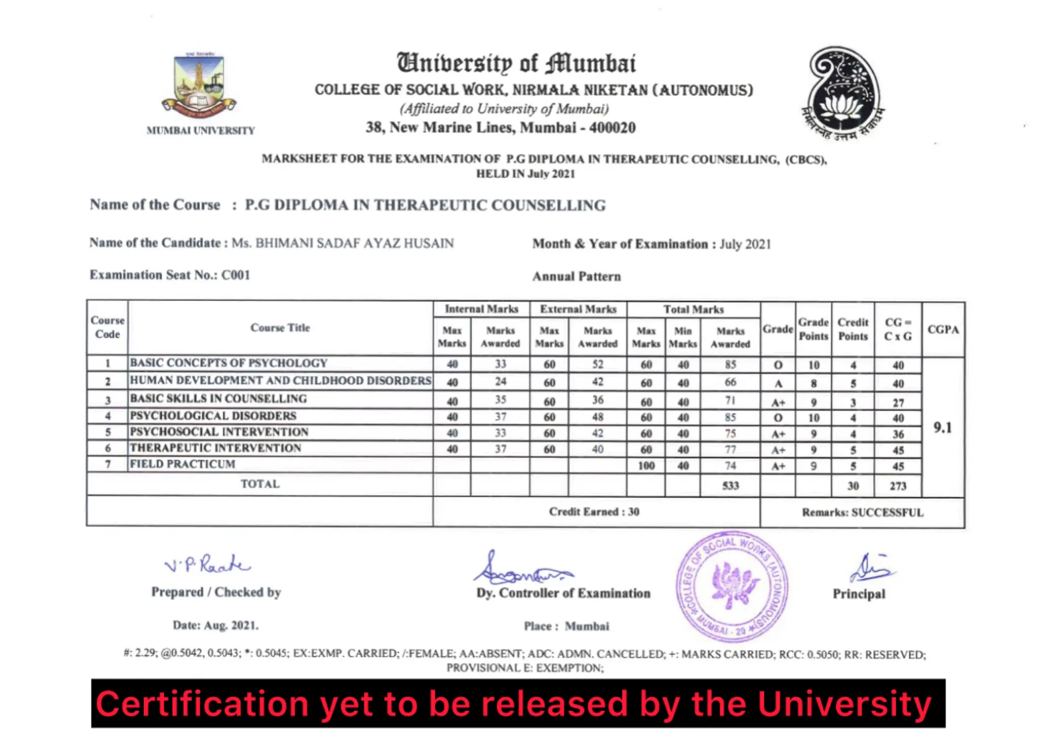 Therapist sadaf Bhimani Certificate