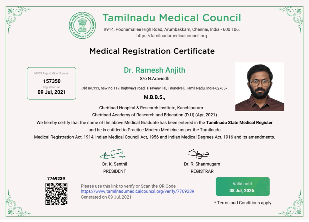 Dr.Ramesh Anjith registered certificate