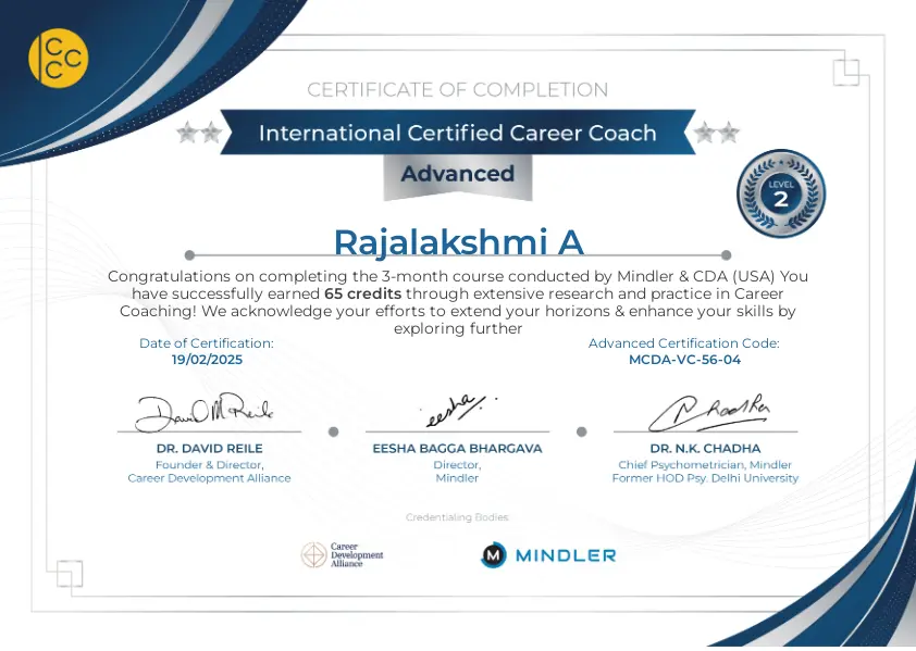 Rajalkshmi certified career counsellor qualification certification