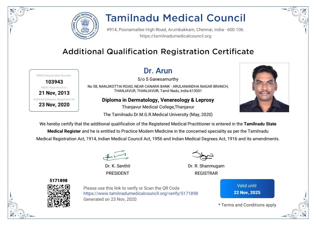 Dr.Arun dermatology qualification certificate