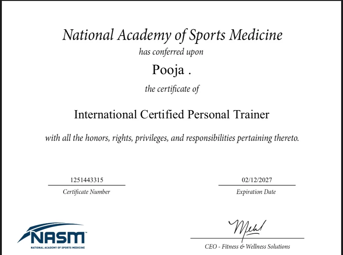 Fitness coach pooja NASM certification
