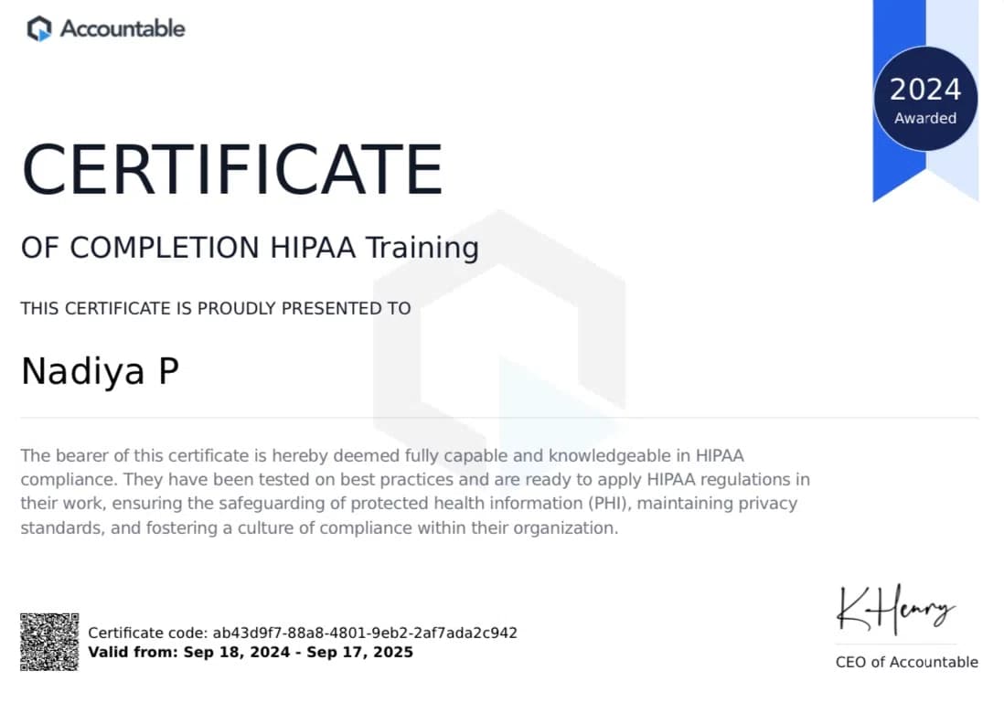 Nadiya mental health counselor HIPAA certification