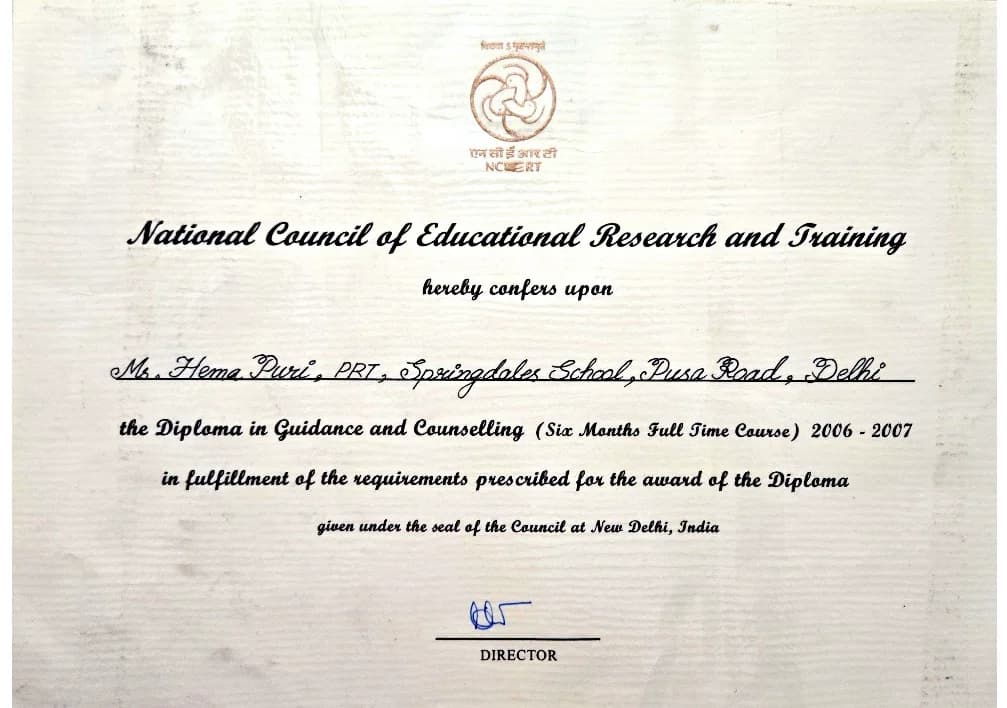 Hema Kapoor Dimploma in Guidance and Counselling certification