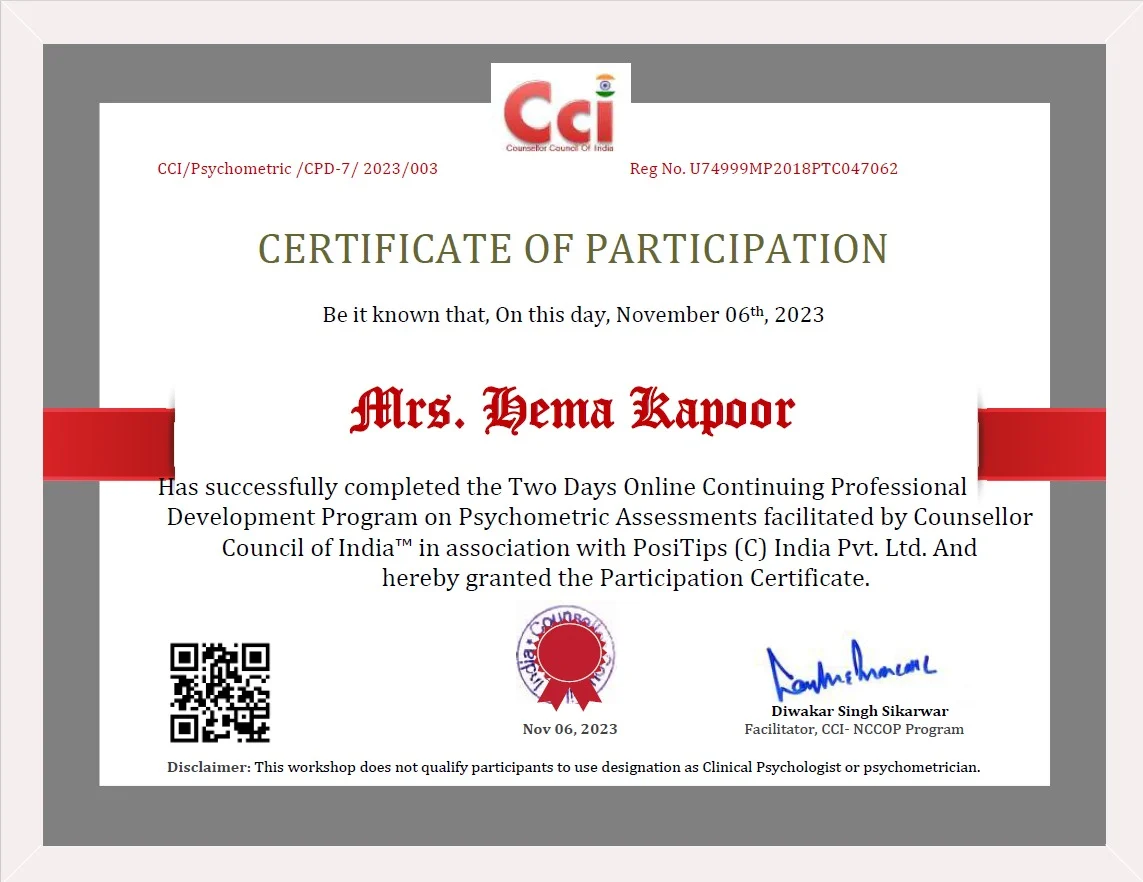Hema kapoor psychometric assessment certification